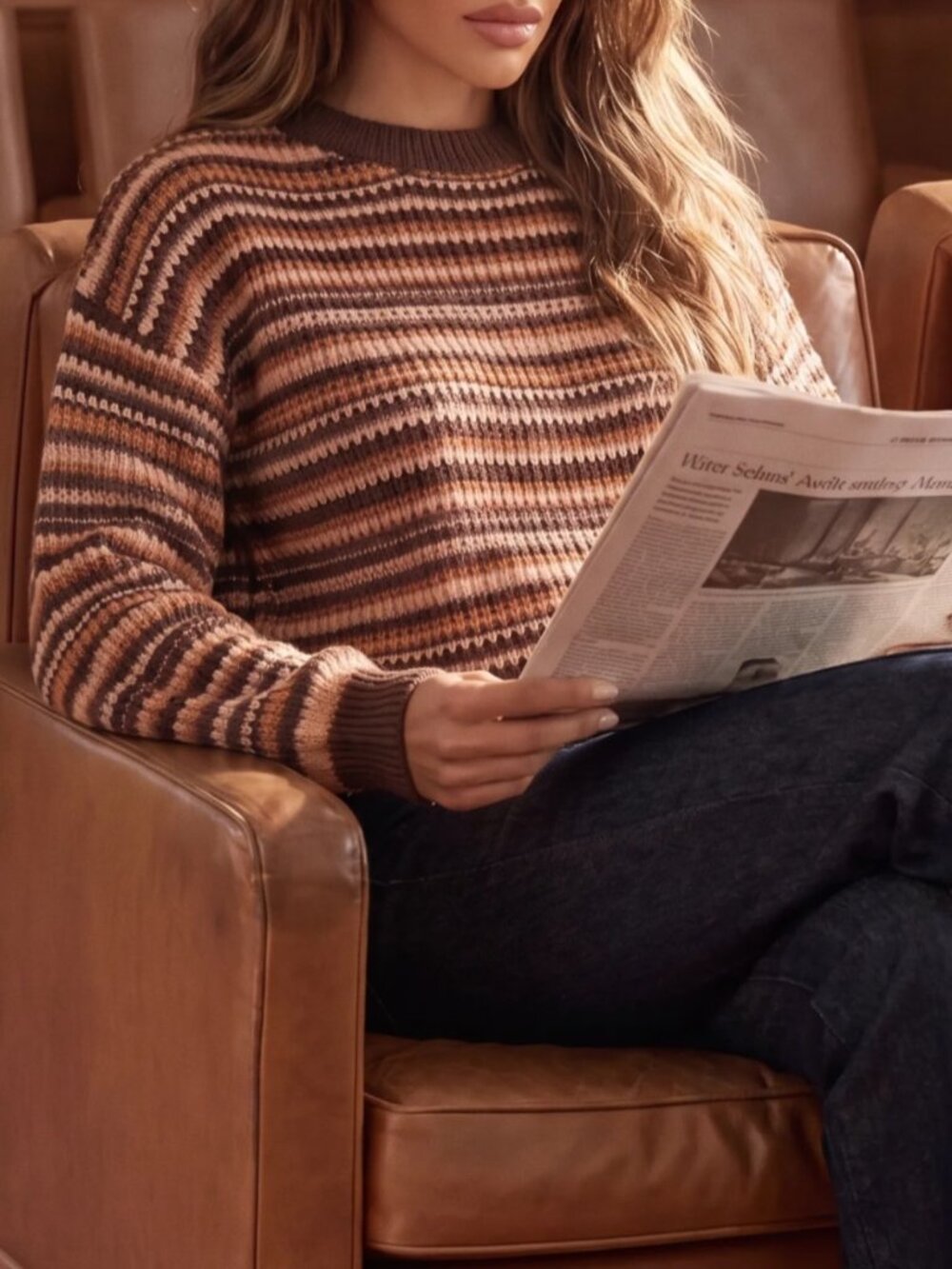 Brown Casual Women's Rib-Knit Drop Shoulder Round Neck Pullover Top